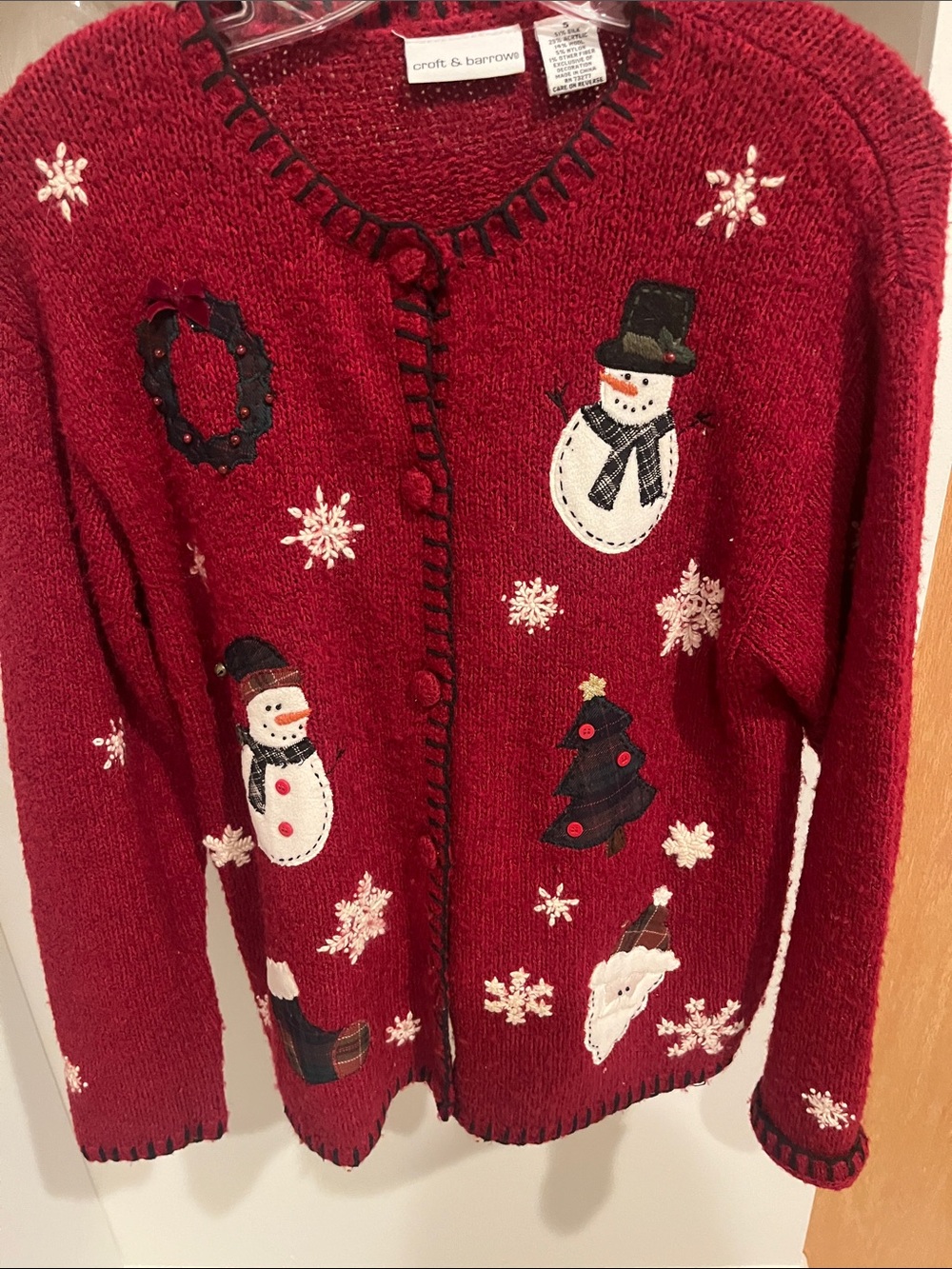 croft & barrow Red Holiday Snowman and Tree Knit Cardigan Vintage “Ugly Xmas)